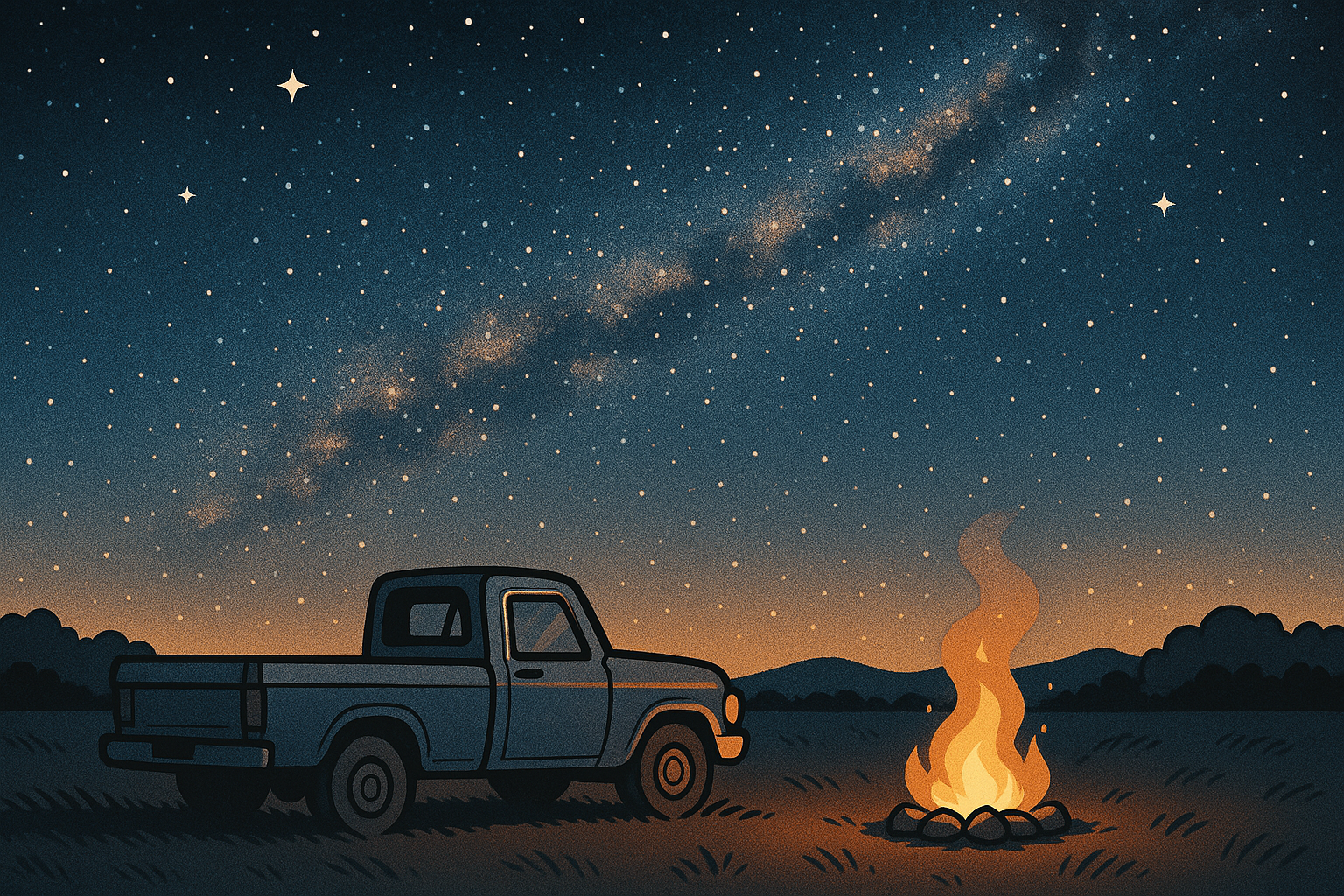 Cover: pickup, stars, and bonfire