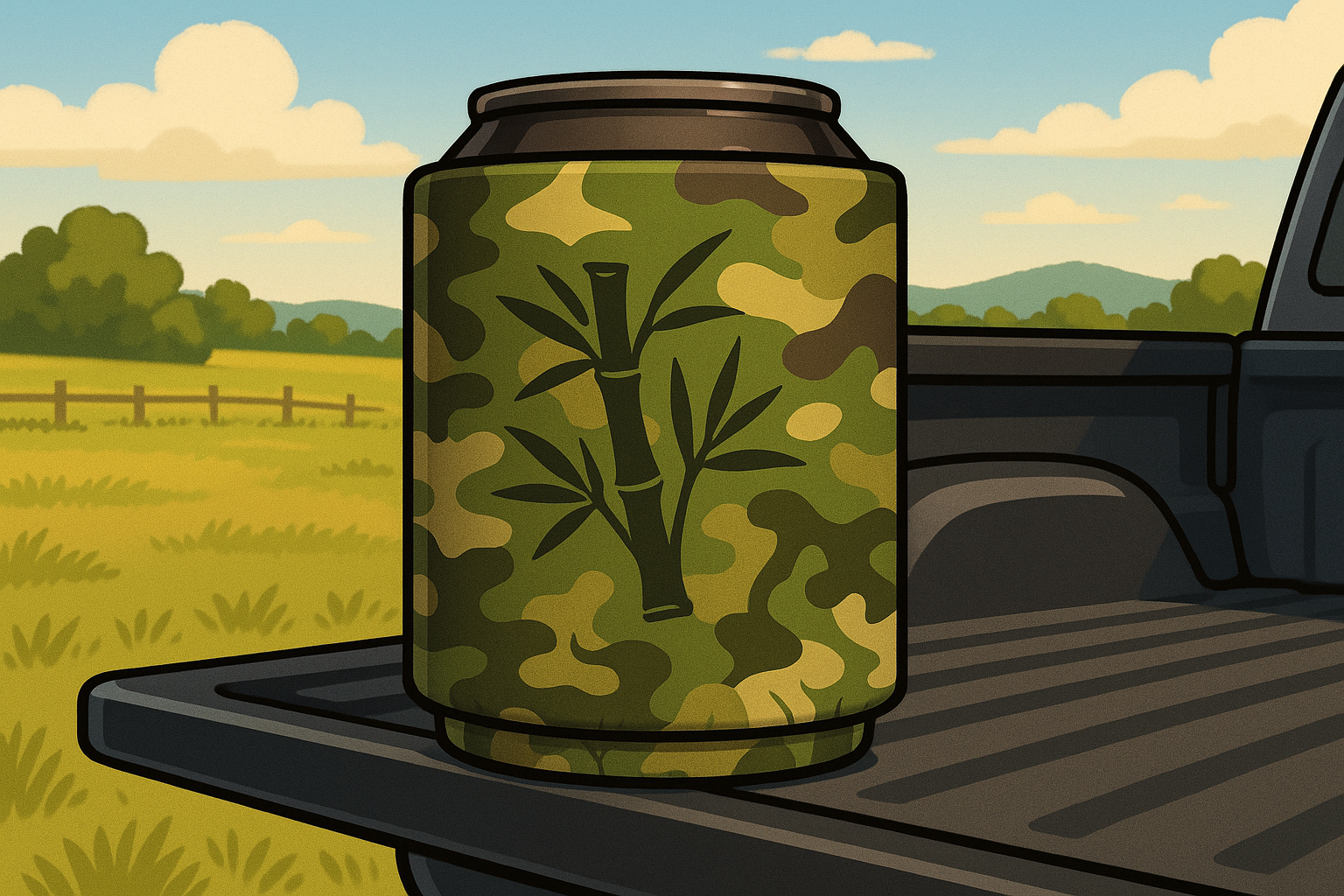 Camo-Bamboo koozie on a tailgate