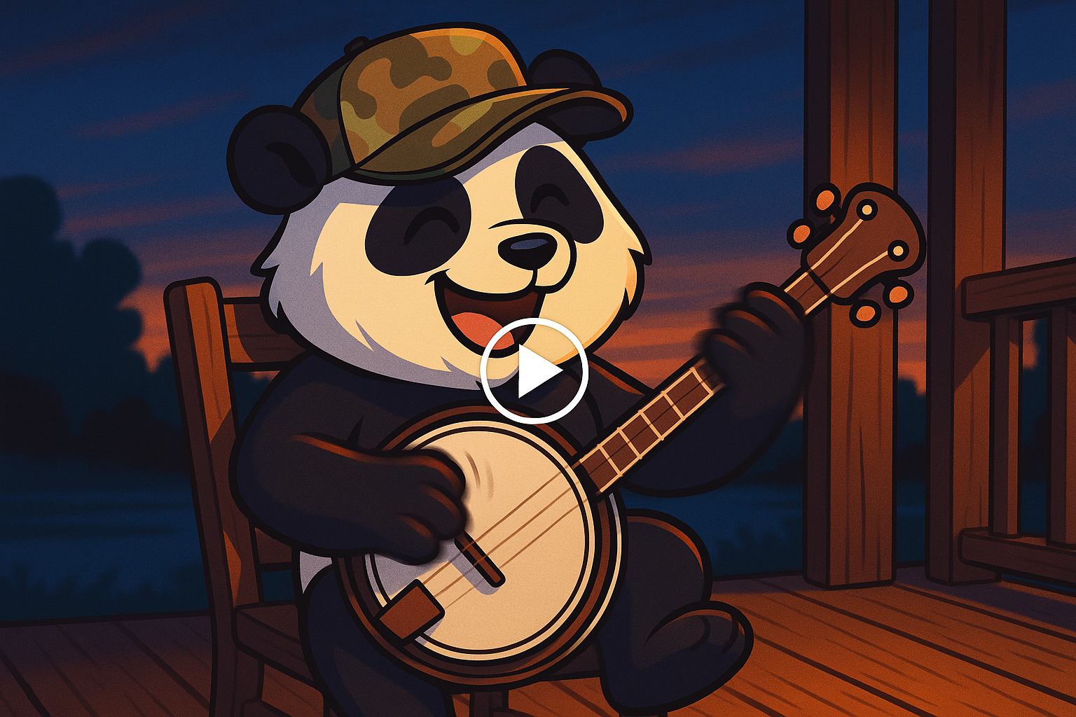 Video still: panda mascot with banjo on porch